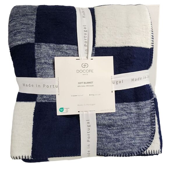 Docofil White Queen Size Soft Blanket Cotton‎ Blend Blue White Made In Portugal - Picture 7 of 7